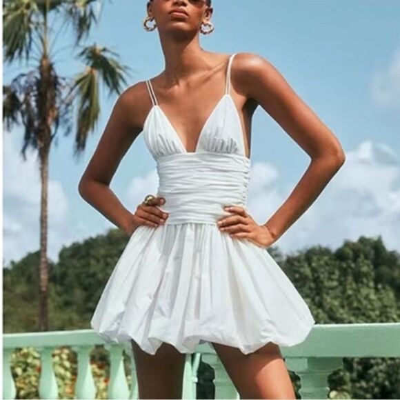 STAUD Loren Ruched Taffeta Mini Dress - White - Picture 1 of 7